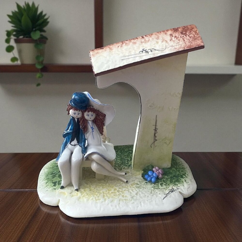 Leo Zampiva Italy Figurine Couple on Bench Under Roof Vintage Art Sculpture